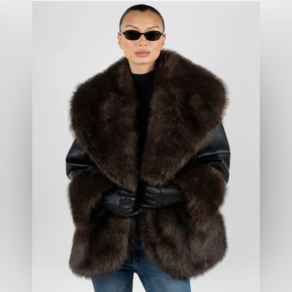 WeWoreWhat Jackets & Blazers - Cocoon Faux Fur Jacket in Black & Dark Brown